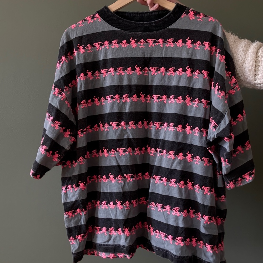 90s Disney Mickey Mouse Gray and Pink Striped T-Shirt